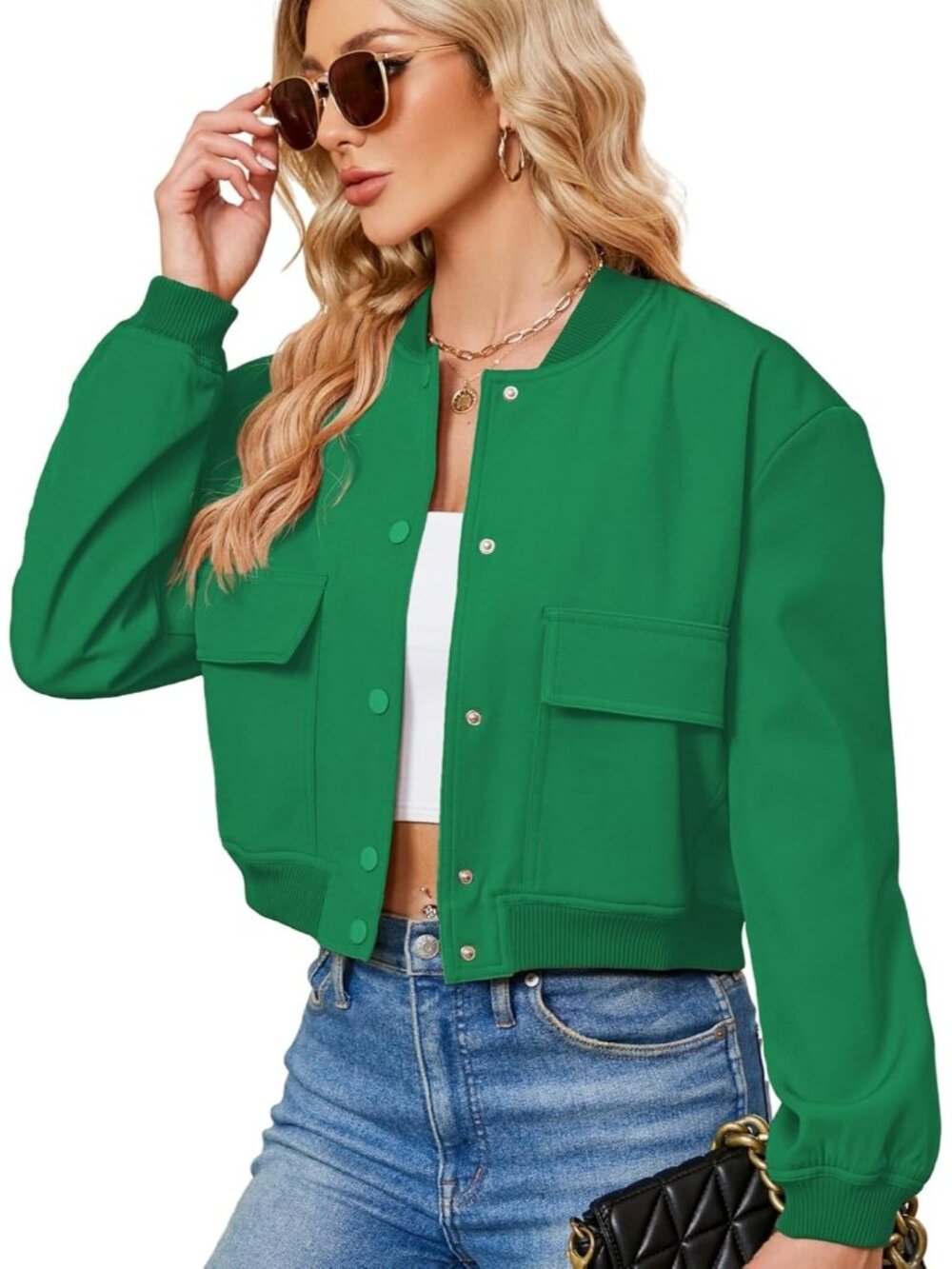 Women's Green Stylish Short Trendy Casual Lightweight Side Pocket Bomber Jackets
